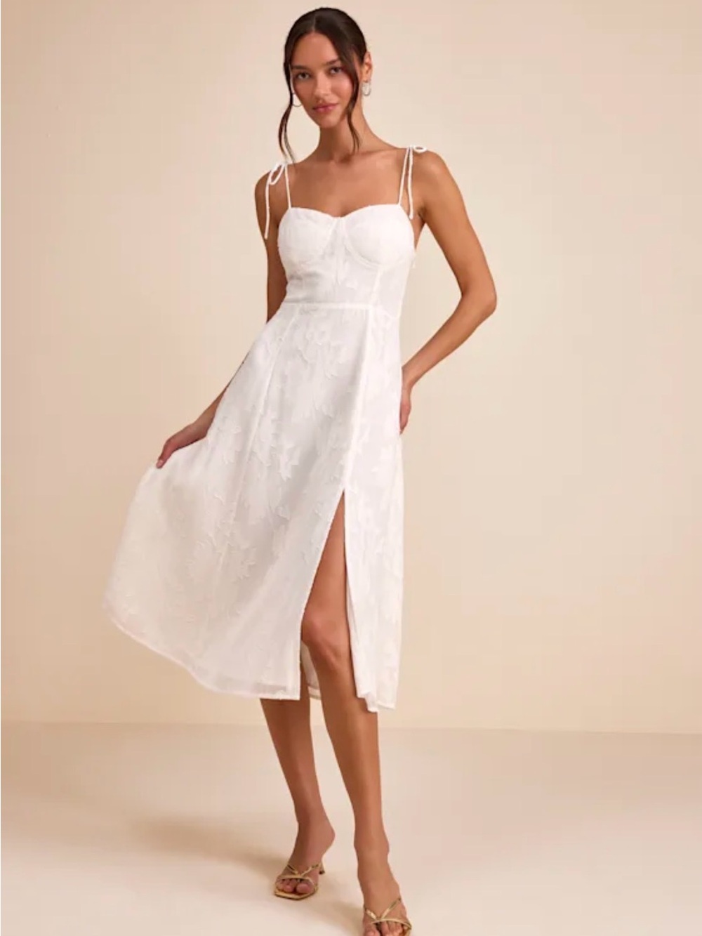 Lulu's White Tie-Shoulder Midi Dress with Side Slit